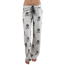 Free Shipping 2017 Women Pants Casual Low Waist Flare Wide Leg Long Pants Palazzo Trousers Skull Printed Pajama Pants At Home