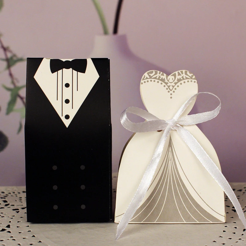 10Pcs Candy Box Bridal Gift Cases Groom Tuxedo Dress Gown Ribbon Wedding Favors Sugar Case Wedding Decoration mariage casamento (4)