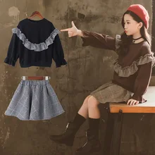 Комплекты одежды для девочек, детские весенне-осенние Топы с длинными рукавами+ клетчатая юбка, комплект из 2 предметов, детская одежда, одежда для детей 6, 8, 10, 12 лет, осенняя юбка