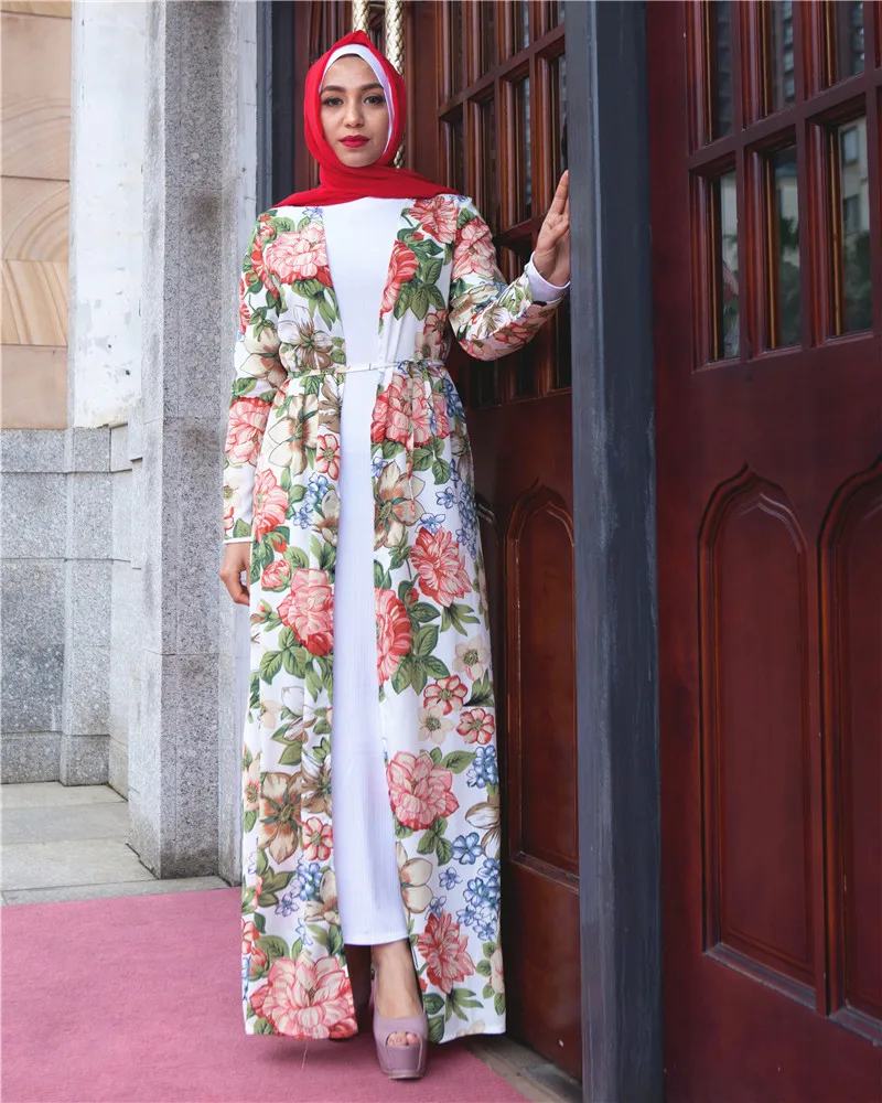 Спереди открытая абайя многоцветный Свободный цветочный принт мусульманское кимоно платье кардиган роскошный ислам Марокканская одежда размера плюс D623