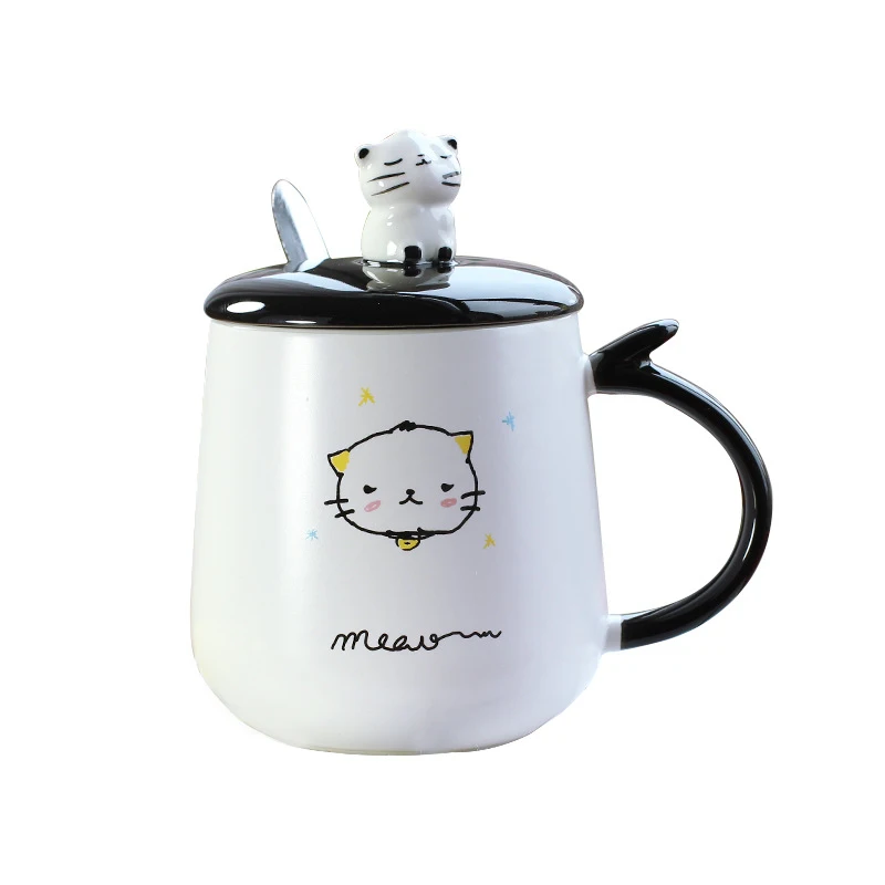 3D Cat Ceramic Coffee Mug with Lid with Spoon Water Milk ...