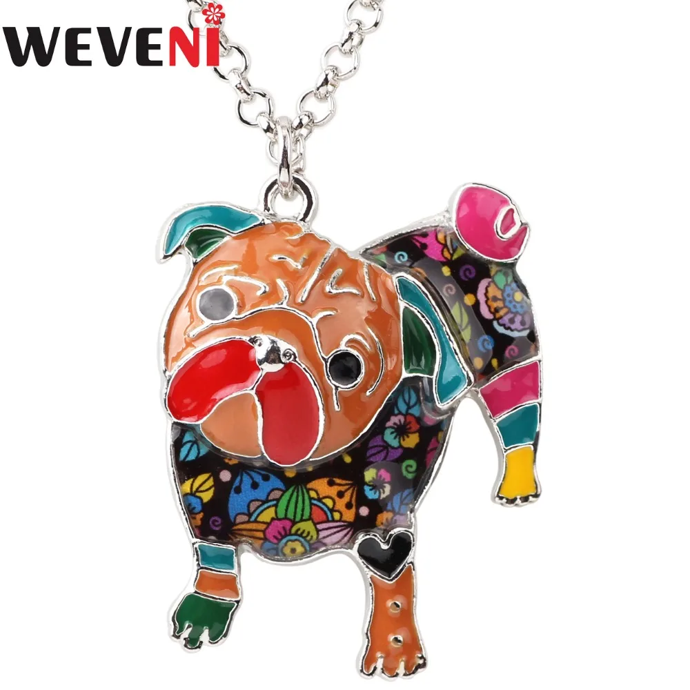 

WEVENI Enamel Alloy Curious Pug Dog Necklace Pendants Chain Collar Fashion Animal Jewelry Accessories For Women Girls Pet Lovers