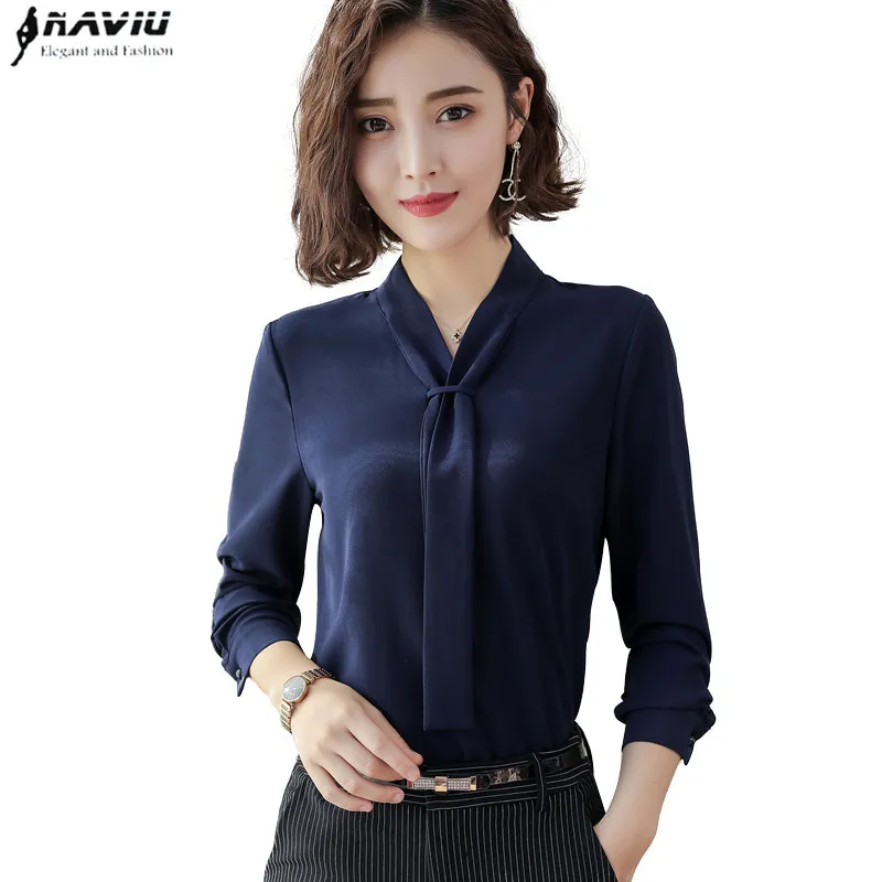 

New fashion temperament women clothing long sleeve blouses formal slim tie chiffon shirt office ladies plus size tops Navy blue