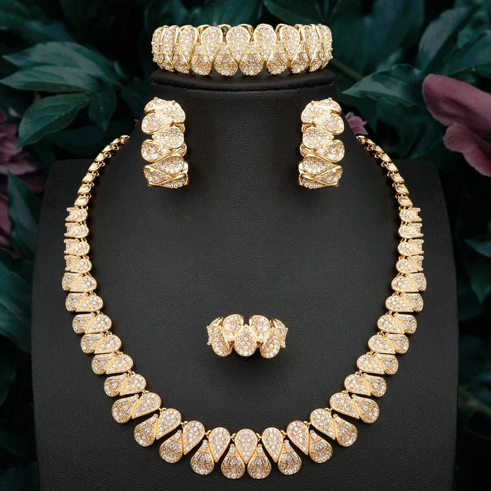 

ModemAngel Delicate Geometry Gold Color Copper Women Wedding Fashion Olive Necklace Bangle Earring Ring Fashion Set