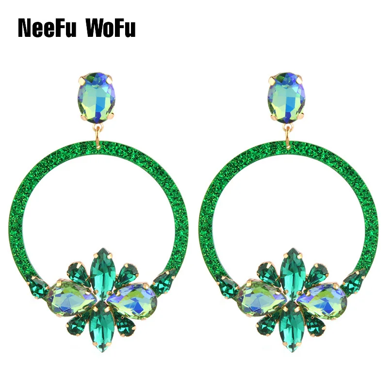 

NeeFu WoFu green Drop Resin Earrings Brand Crystal Big Earring Flowers Large Brinco Ear Oorbellen Christmas Gift