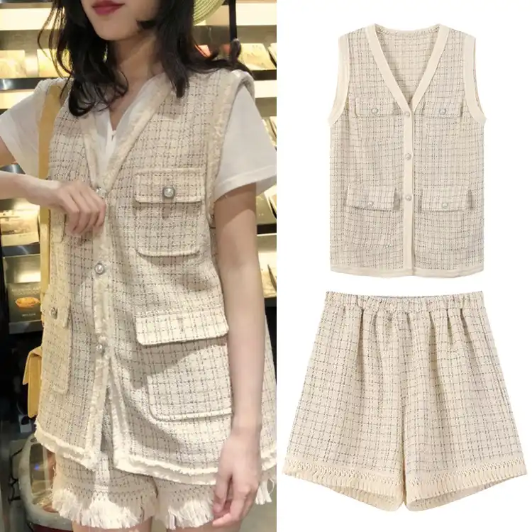女性の19新しい夏ネット赤チェック柄女性の小さな香り風女性のベストのベストショーツツーピーススマートカジュアルな服装 レディースセット Aliexpress