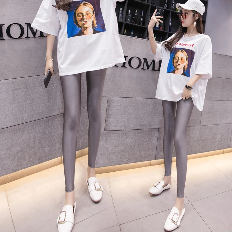 

Spring Summer Gray Thin Panties Outside Wear Nine Points Big Code Female Bodycon Ice Silk Leggings Legins Girls Students