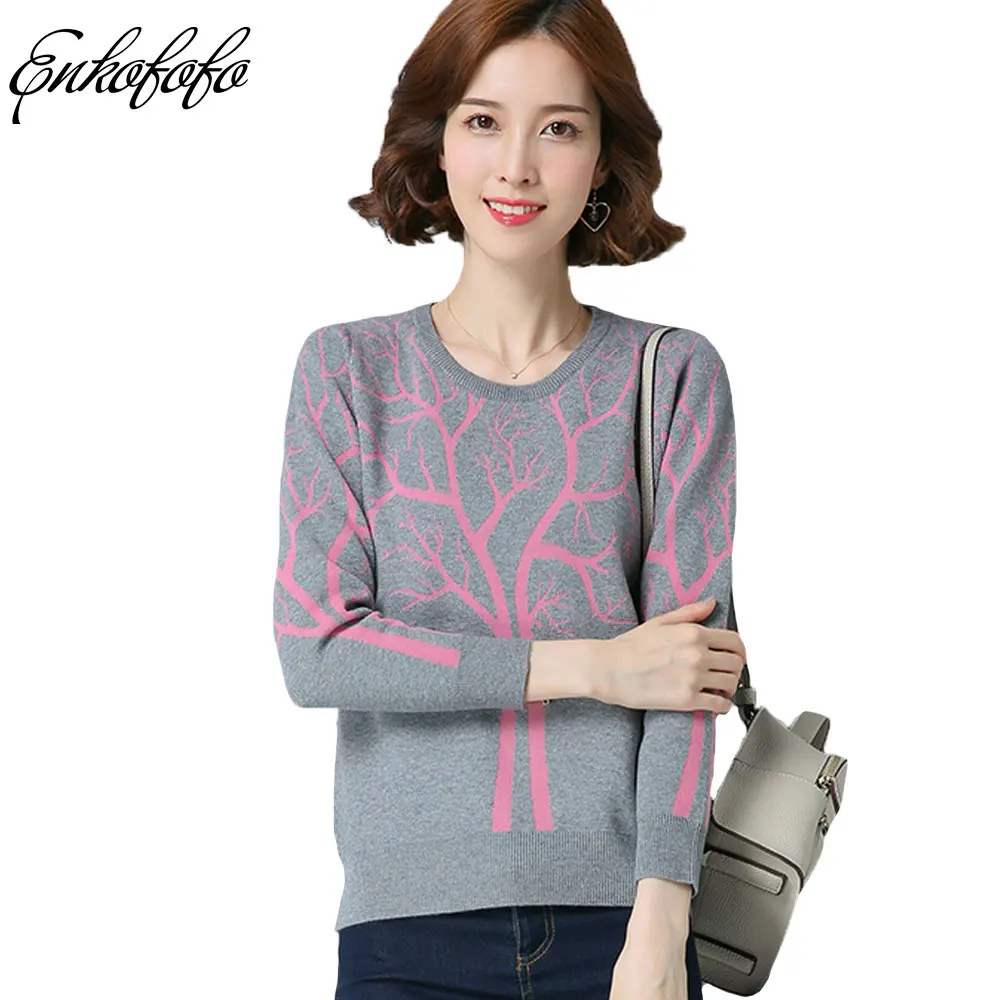 

2019 Winter Autumn Wool Knitted Women Pullover and Sweaters S-XXL Big Tree Print Crew Neck Long Sleeve Loose Women's Sweater