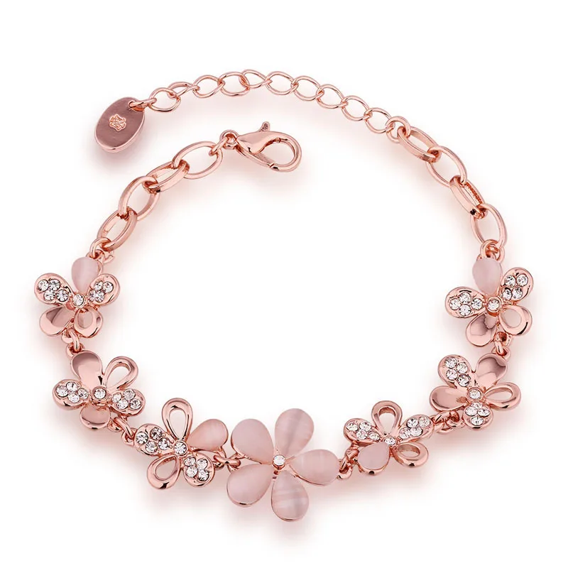 Fashion New Hot 1pc Rose Gold Color Bracelet Beautiful Filled Crystal Charm Flower Chain
