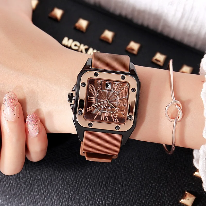 

Fashion Simple Ladies Watch Durable Silicone Strap Brown Watch Square Case Calendar Vintage Quartz Women's Watch relojes mujer