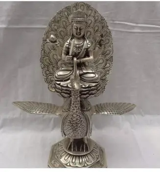 

decoration copper silver factory outlets 12" China Buddhist Silver Kwan-Yin Ride Phoenix Peacock Manjushri Buddha Statue