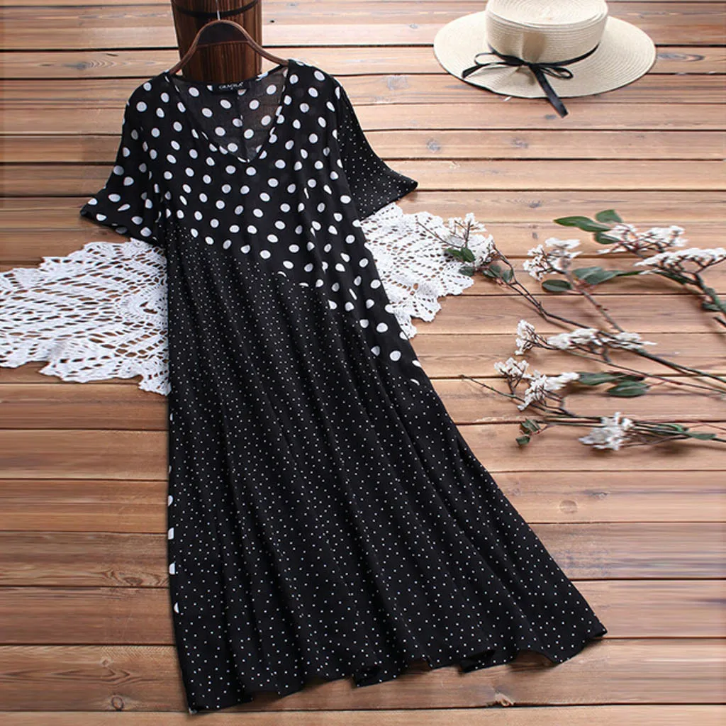 

Fashion Women Summer Long Dress Vintage Plus Size Casual Linen Dress Dot Print V-Neck Short Sleeve Patchwoek Long Dress vestidos