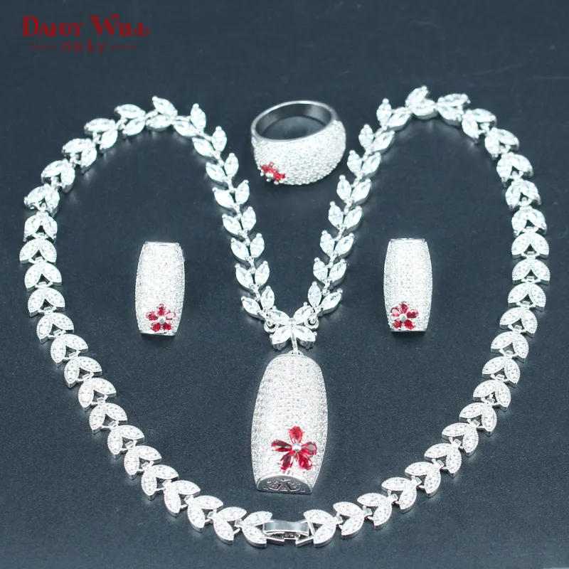 

Christmas Silver Color Red Wedding Women Jewelry Sets White CZ Earrings/Pendant/Necklace/Rings Free Gfit Box T72