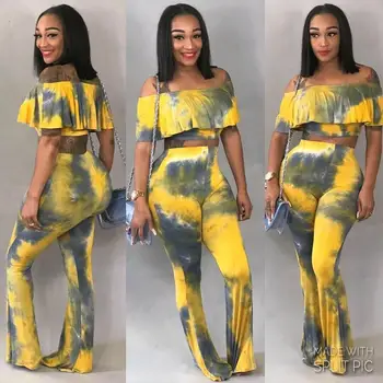 

Goddess Fan Pants Set Ocean European Station 2019 Temperament Lady Wide Leg Pants Two-piece LZ-391 ladies fancy women suit