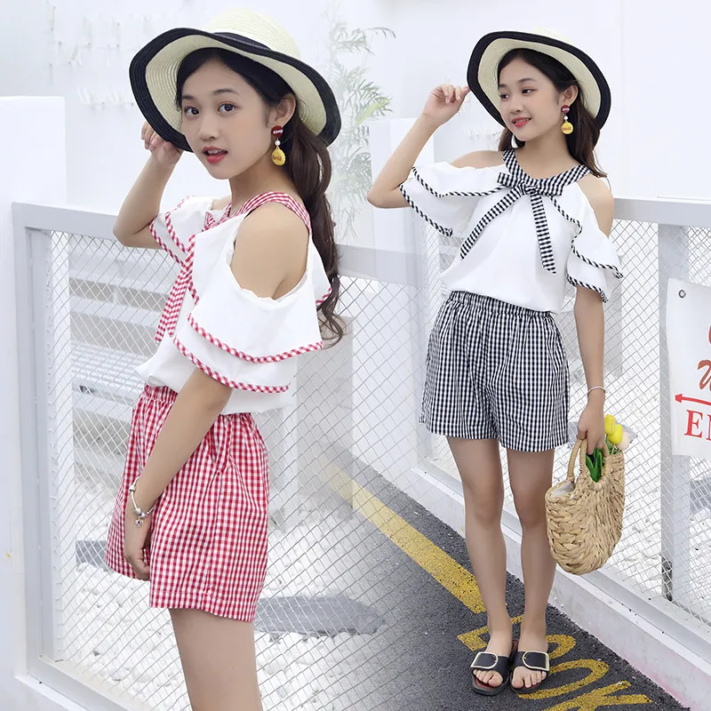 6 8 10 12 14 Year Girls Summer Set 2020 Off Shoulder Plaid Clothing Sets Two-Piece Backless Halter Top + Short Pant Suit | Мать и ребенок