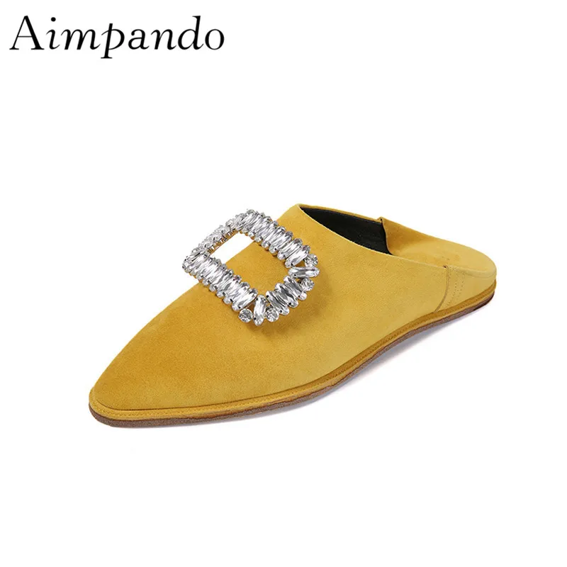

Slip On Mules Two Wear Lazyman Shoes Suede Point Toe Slingback Crystal Square Buckle Flat Shoes Woman