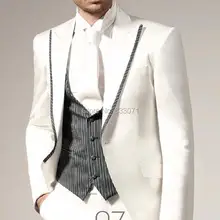 Заказ портной Slim Fit белый с полосками жениха Смокинги для женихов Для мужчин Свадебная вечеринка Костюмы Бизнес платье куртка+ Брюки для девочек+ галстук+ жилет