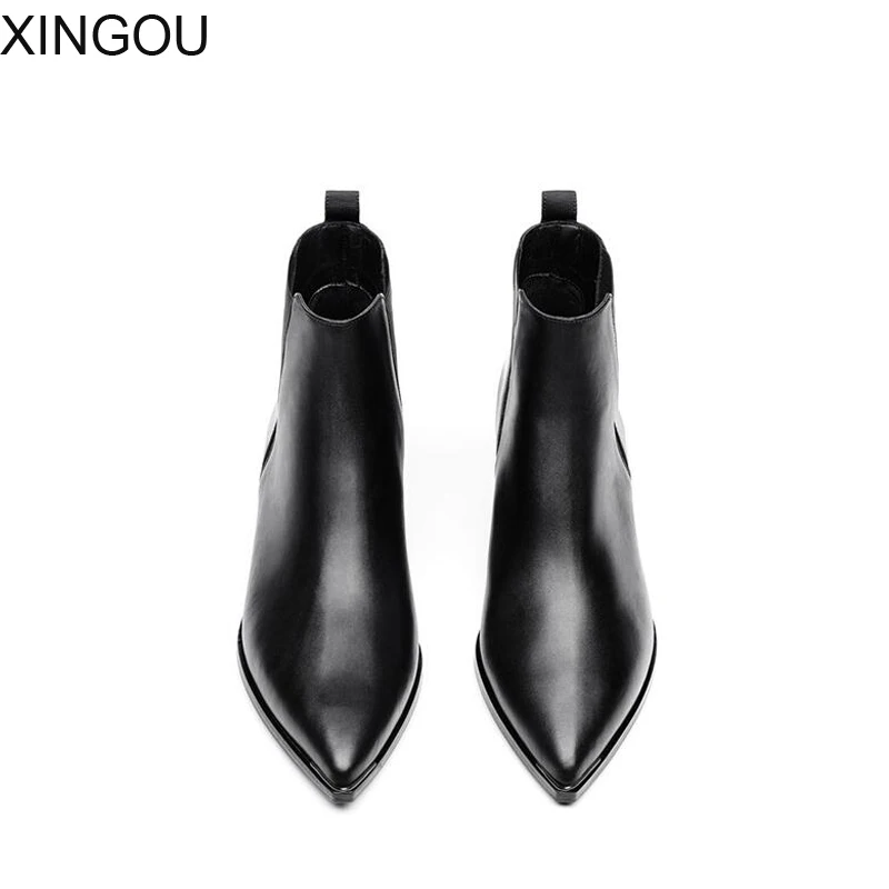 

New women boots fashion 2018 leather Chelsea Boots Pointed Toe Ankle boot shoes for women spring women's shoes with Square heel
