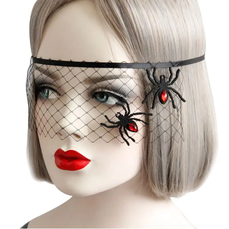 

Retro Black Lace Veil Eyes Cover Headdress Spider Red Rhinestone Sexy Half Face Mask Halloween Masquerade Couples Flirting Cospl