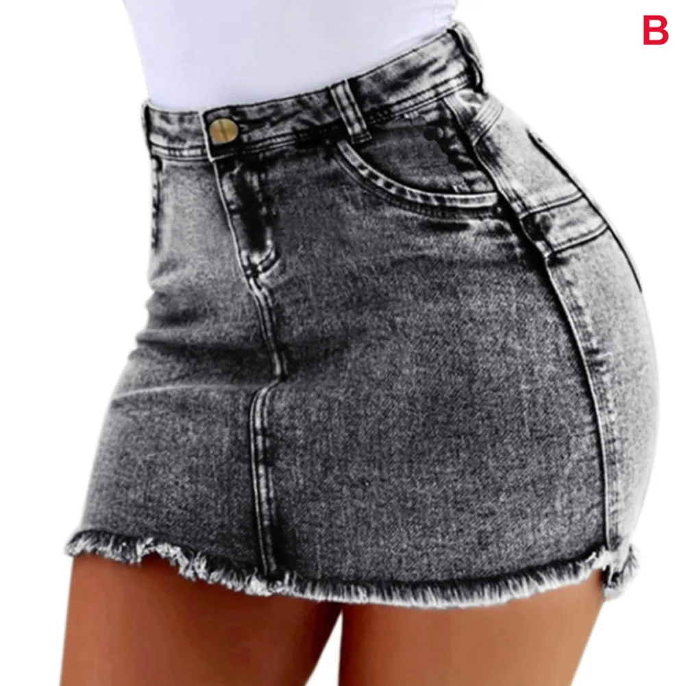 Women Short Jeans High Waist Tassel Hem Holes Hot Shorts for Summer KNG88 - Color: gray B