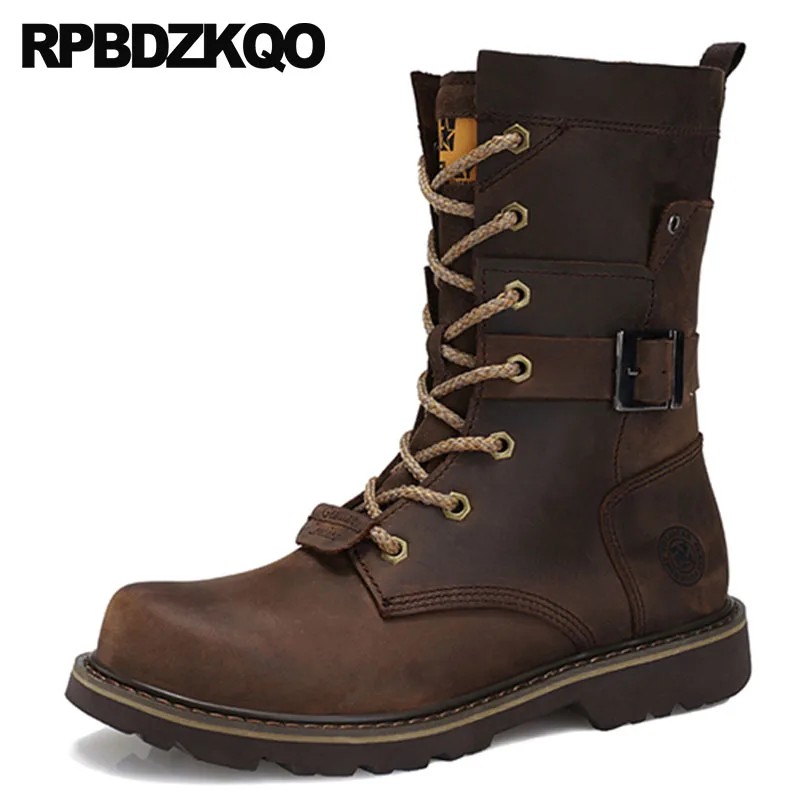 

Genuine Leather Combat Retro Army Shoes Brown Fall Ankle Military Lace Up Slip On Full Grain Boots Winter Men Fur Luxury Durable