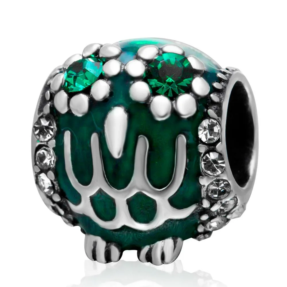 

Fit Pandora Bracelets Green Owl Charms Original 925 Sterling Silver Beads European style women Jewelry