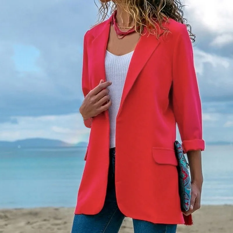 Women Fashion Sping Autumn Long Sleeve Cardigan Blazers Outwear 2019 New Ladies Solid Color Open Front Slim Fit Lapels Coats