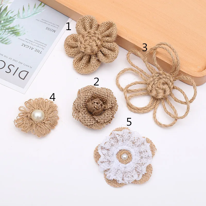 

5 pcs/lot Linen Lace Bow Flower Handmade Burlap Rose Vintage Wedding Decoration Party Hat Craft DIY Party Decoration