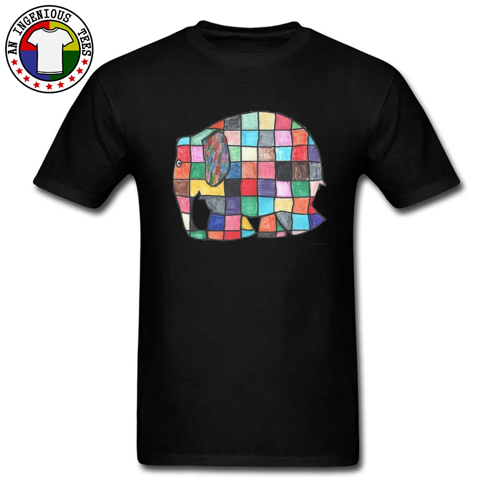 Men's Funny Tops Shirt O Neck Summer/Autumn 100% Cotton T Shirt Casual Short Sleeve Elmer elephant patchwork Tops T Shirt Elmer elephant patchwork black