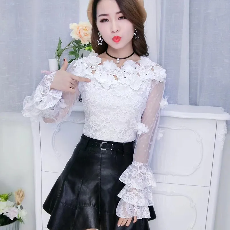 2018 Spring Summer Women Blouse Sweet Hollow Out Floral Lace Shirt Female Flare Sleeve Slash Neck Mesh Blouses Short Tops AB815