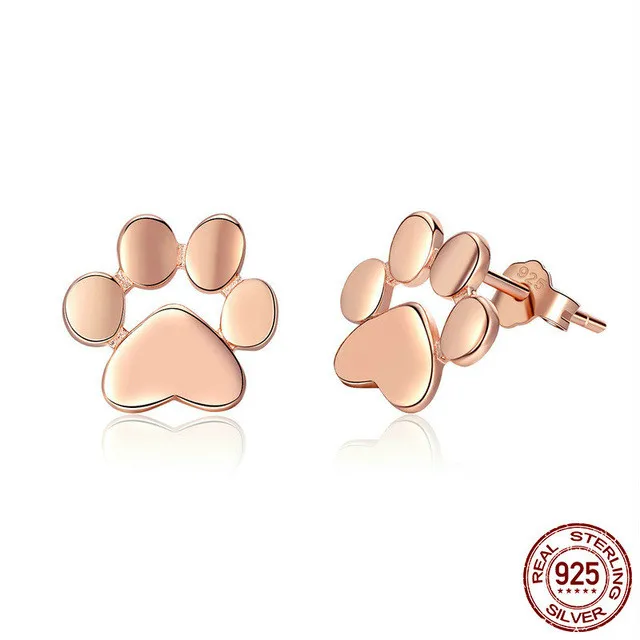 

100% 925 Sterling Silver Animal Dog Cat Footprints Gold Color Stud Earrings for Women Fashion Silver 925 Jewelry rose gold