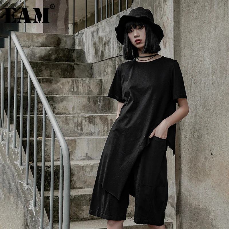 

[EAM] 2019 New Spring Summer Round Neck Short Sleeve Black Loose Irregular Hem Split Joint T-shirt Women Fashion Tide JW467