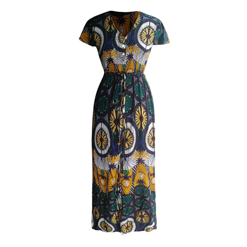 New Women Summer Bohemian Printed V-neck Print Dress Beach Holiday Fashion Casual Elegant Party Dress vestidos #4A26 (4)