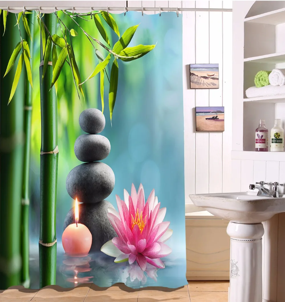 72'' Zen Spa Buddha Black Stones Bathroom Fabric Shower Curtain