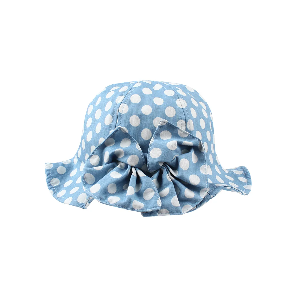 2Dots Baby Girls Bucket Hat Blue Summer Sun Cap Beanie with Wide Brim UV Protection Cotton Breathable Elastic Chinstrap Stay On