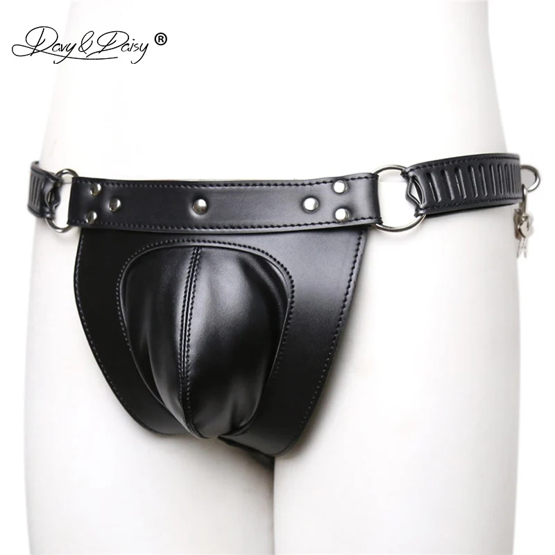 DAVYDAISY Men Chastity Belt Lock Cock Panties PU Leather Gay Fetish Thongs Sexy Lingerie Exotic Briefs Male Underwear UN533
