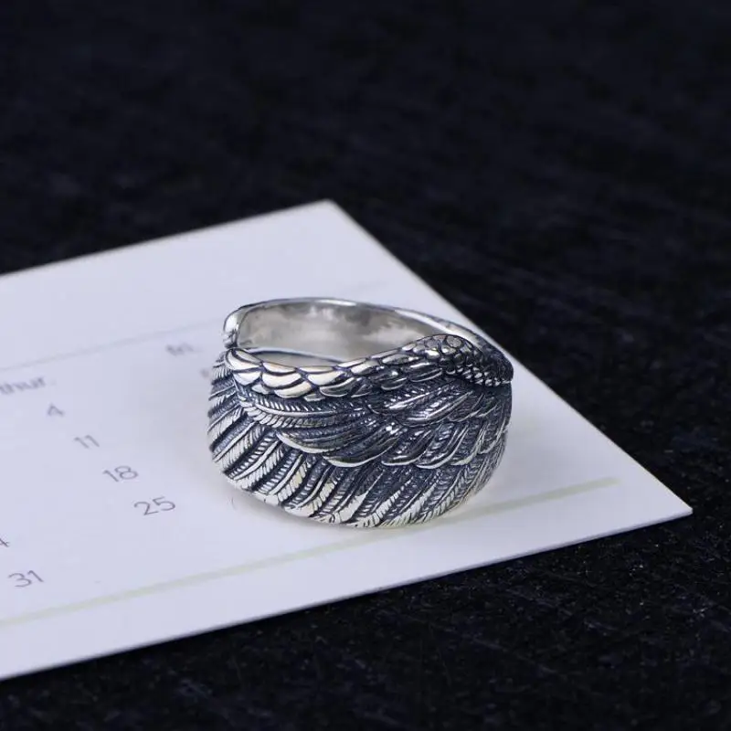 Najtaniej Oryginalne 925 Sterling Silver Biker Rings dla mężczyzn i kobiet Vintage Thai Silver Feather Rings Resizable biżuteria punkowa