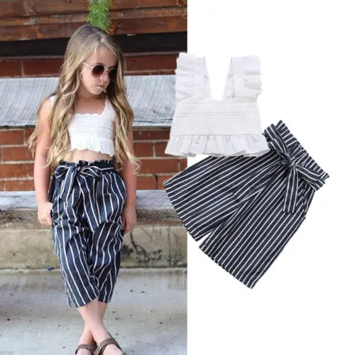 

Summer Fashion Cool Kids Toddler Baby Girls Ruffles Midriff-Baring Striped White Tops+Long Bowknot Pants Set Clothes Outfits