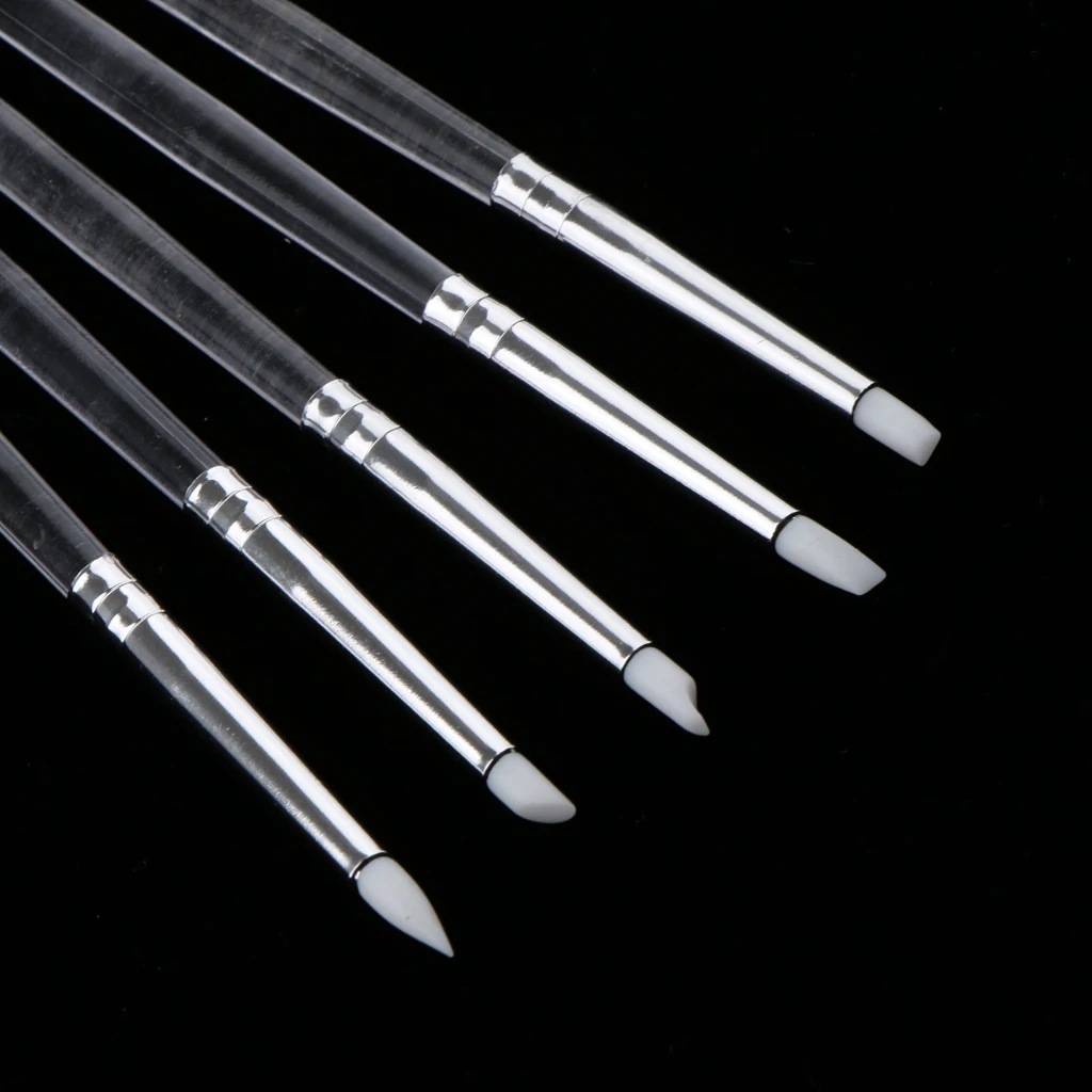 5 Pcs Silicone Nail Brushes Pens Set With 5 Shape Tip Acrylic Clear Handle For Nail Art Painting Carving Moulding Blending Pens