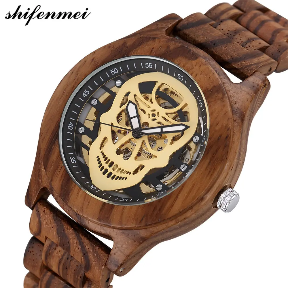 

Brand Watch Unique Men's Mechanical Wooden Watches Skeleton Skull Design Dial Bracelet Clasp Luxury Watch High Quality 2018