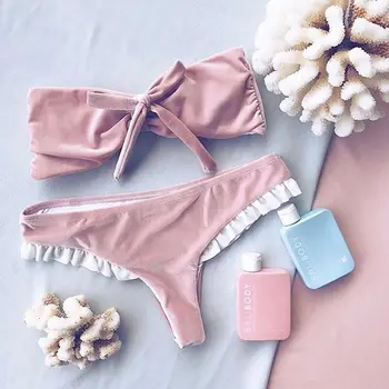

Swimwear Bow Bathing Suit Bikini Set Swimsuit New Retro Cute Velvet Pink Women Female Sexy Summer Swimming 2017 Solid