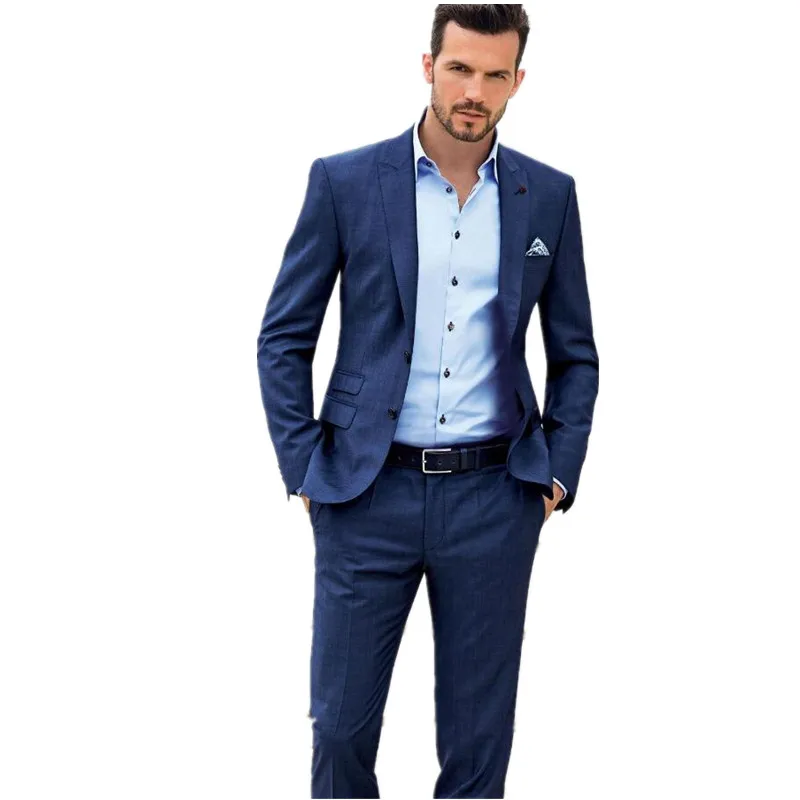 Новые мужские костюмы на заказ, синие Смокинги на двух пуговицах, повседневные деловые вечерние костюмы, деловой костюм из двух предметов, пиджак+ брюки