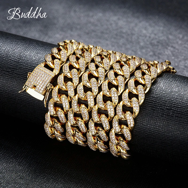 

12mm Iced Out Zircon Cuban Necklace Chain Hip Hop Jewelry Gold Silver Copper Material CZ Clasp Mens Necklace Link 18-28inch