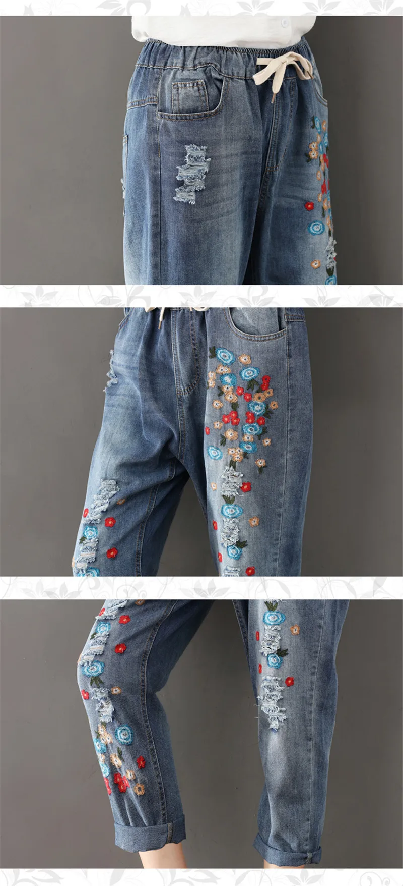 2019 весенние женские джинсы осенние с вышивкой эластичный с цветочным принтом джинсы с высокой талией винтажные Брюки Харлан тонкие