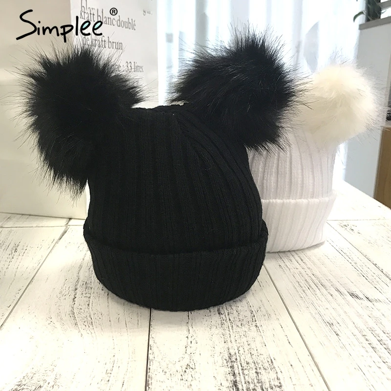 Женская меховая черная вязаная шапка Simplee,осень-зима, женские маски и шапочки, элегантная повседневная теплая уличная шапка с помпоном