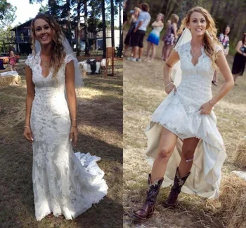 

Vintage white Wedding Dresses V Neck Cap Sleeves Lace Wedding Dresses Cowgirls High Low Backless Bridal Wedding Gown