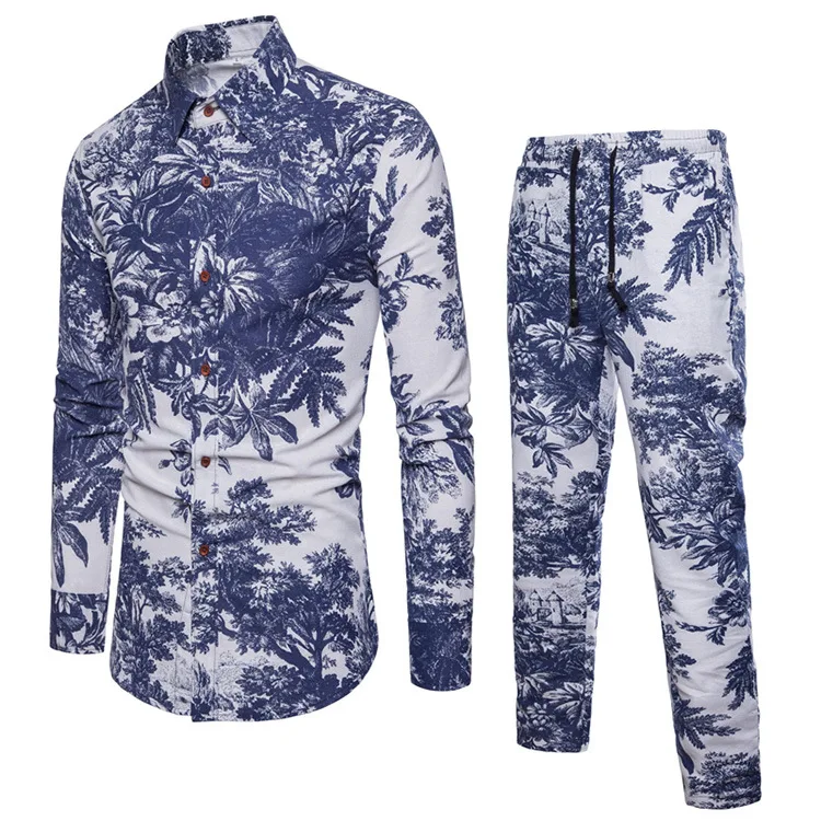 Весенне-осенняя одежда, мужской комплект, рубашка+ штаны, повседневные рубашки, костюм, хлопок, лен, полная длина, 3d принт размера плюс - Цвет: set