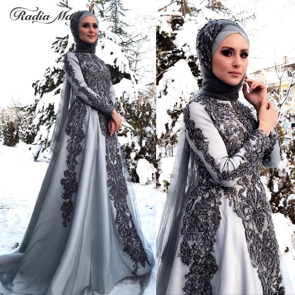 2019 Robes De Soiree Musulmanes Grises Manches Longues Hijab Robe De Bal Arabe A Dubai Appliques Perlees Femmes Robes De Mariee Formelles Aliexpress