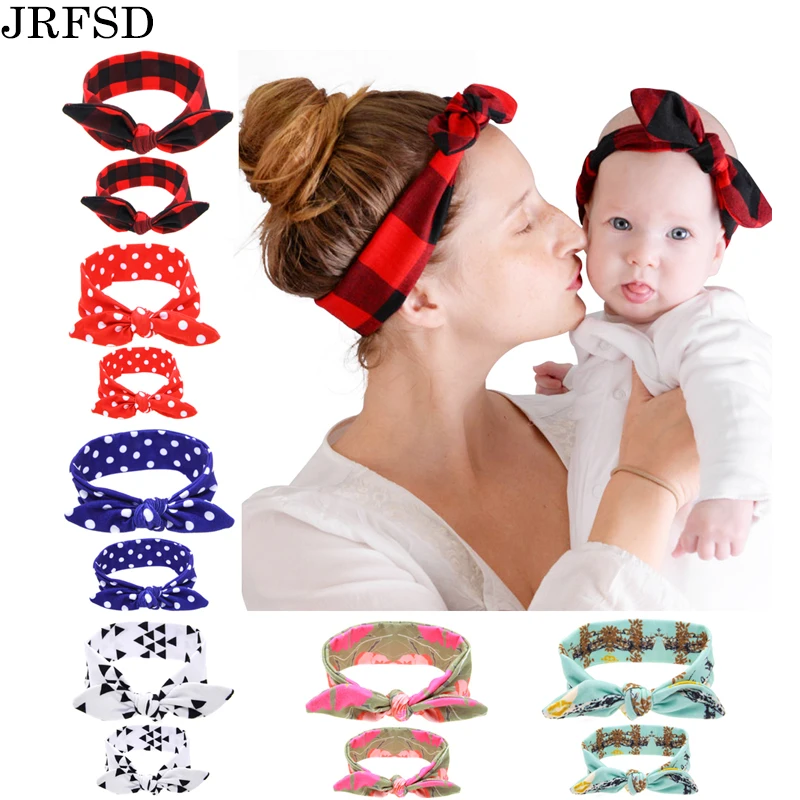 

JRFSD 2PC/Set Mom Kid Elastic Ears Hair Bands Tie Bow Headband Hair Knot Bow Cotton Headbands Hair Accessories For Women H1