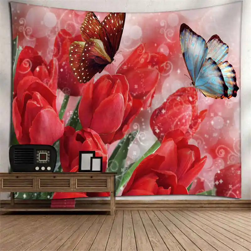 

fashion flower tapestry wall hanging butterfly tulip carnation hydrangea rose tapestry